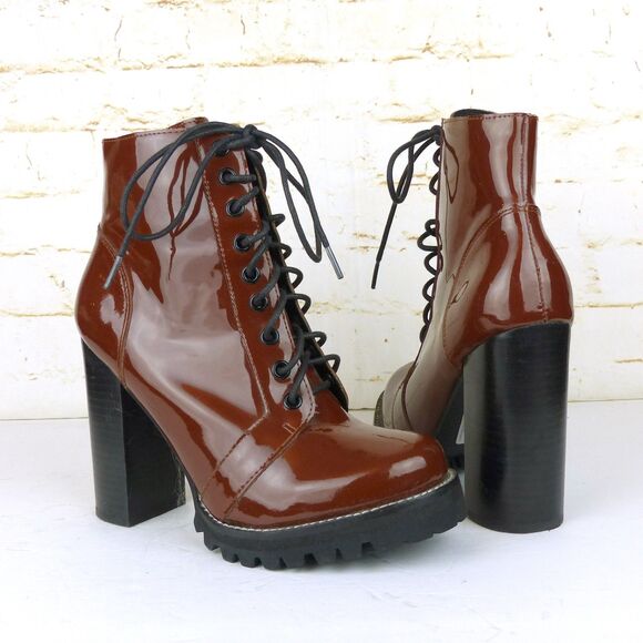 Jeffrey Campbell Legion Boot Women 8M Red Patent Leather Heel Lace Zip Lug Ankle - Picture 1 of 14